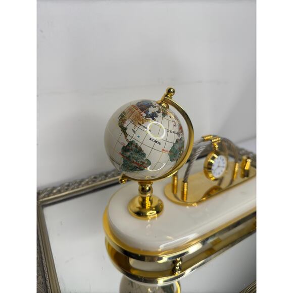 Vintage Semi-Precious Gemstone Globe with Clock Business Card & Pen Holder, Desk - Picture 8 of 10